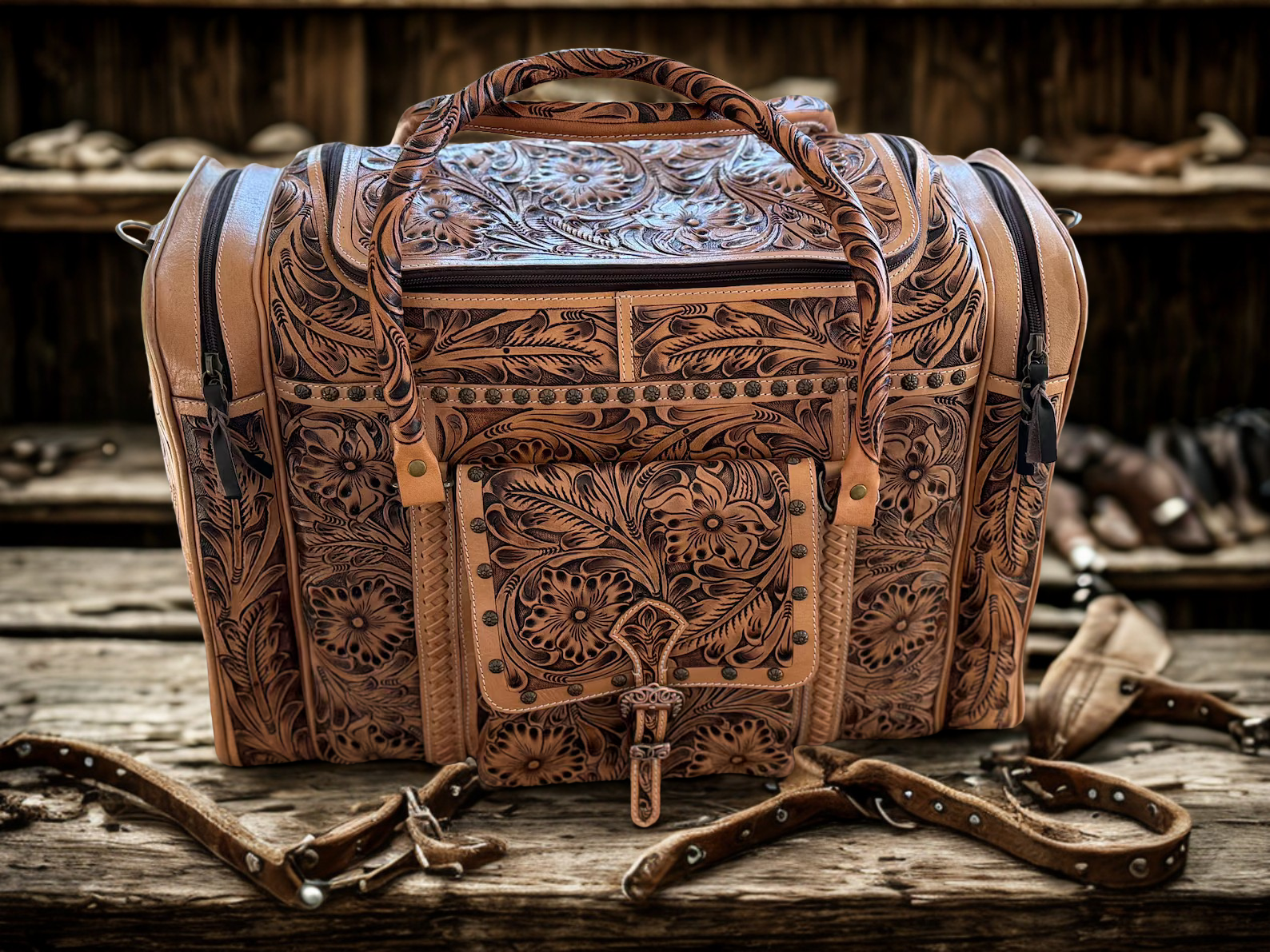 Barcelona Tooled Leather Duffel Bag : Natural Leather Western Handbags